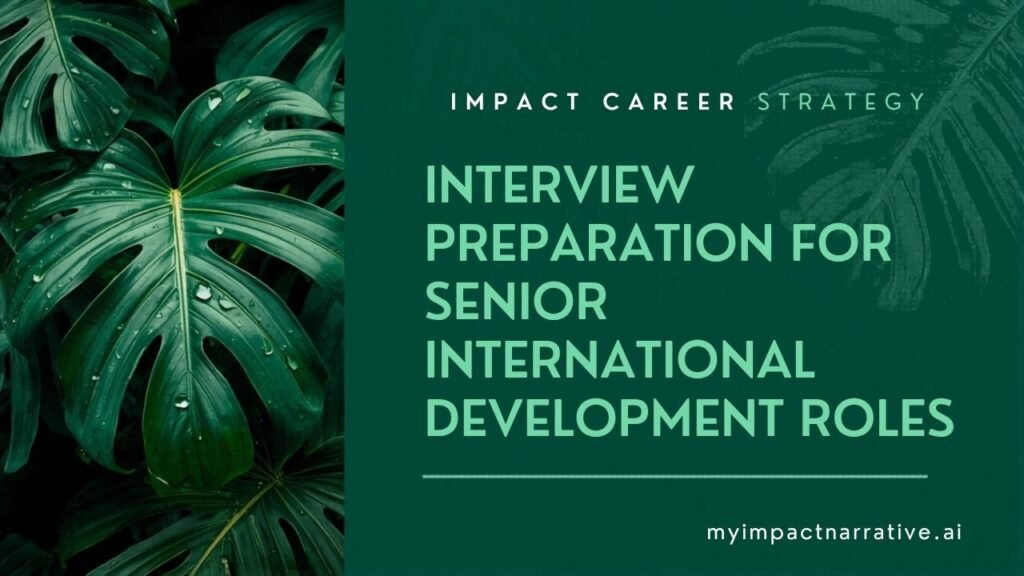 Graphic with green monstera leaves on a dark teal background with a split layout. Text reads: Impact Career Strategy. Interview Preparation for Senior International Development Roles. myimpactnarrative.ai