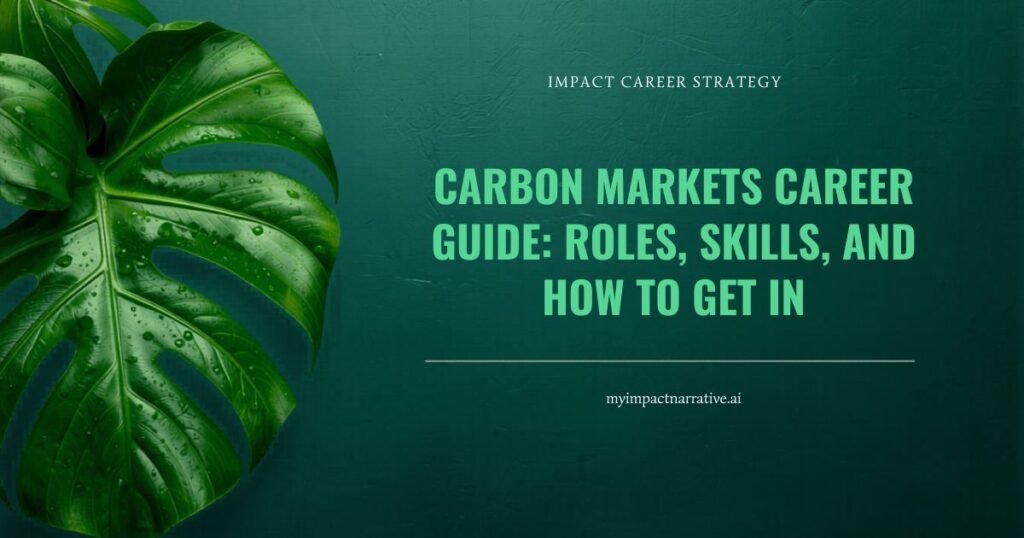 Graphic with a bright green monstera leaf on a dark teal textured background. Text reads: Impact Career Strategy. Carbon Markets Career Guide: Roles, Skills, and How to Get In. myimpactnarrative.ai
