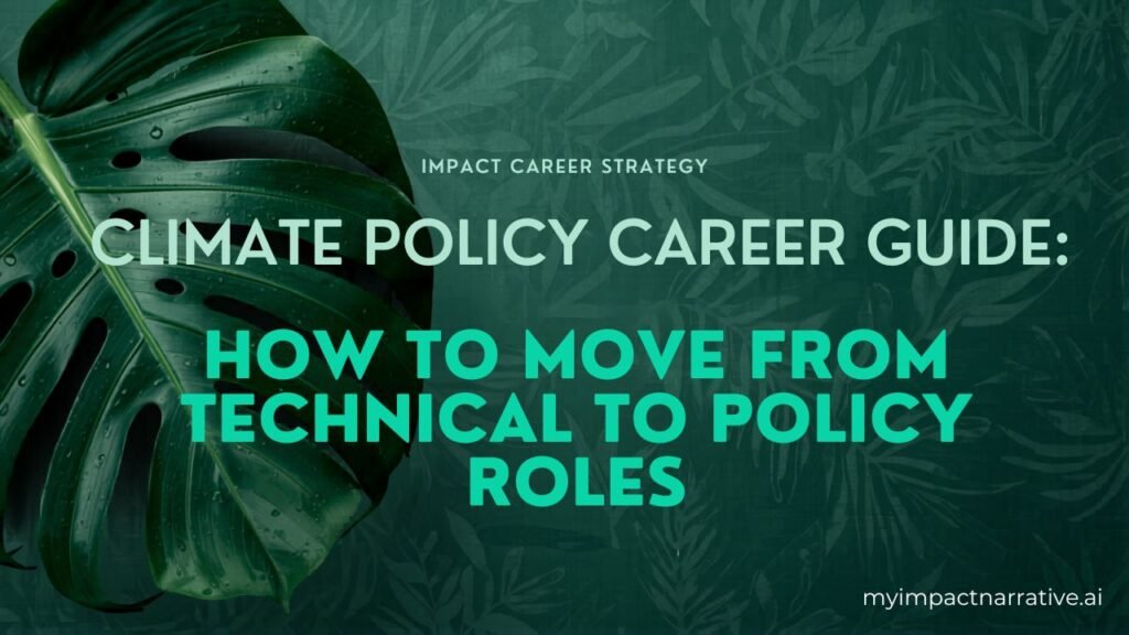 Graphic with green monstera leaves on a dark teal background with a botanical pattern. Text reads: Impact Career Strategy. Climate Policy Career Guide: How to Move from Technical to Policy Roles. myimpactnarrative.ai