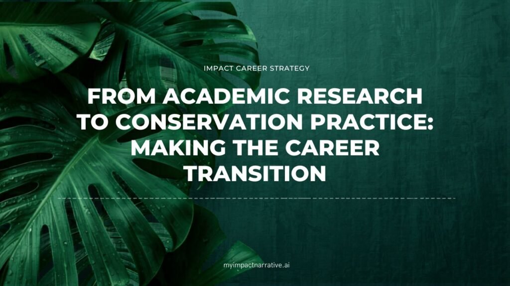 Graphic with green monstera leaves on a dark teal textured background. Text reads: Impact Career Strategy. From Academic Research to Conservation Practice: Making the Career Transition. myimpactnarrative.ai