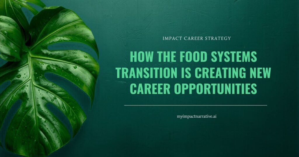 Graphic with a bright green monstera leaf on a dark teal textured background. Text reads: Impact Career Strategy. How the Food Systems Transition Is Creating New Career Opportunities. myimpactnarrative.ai