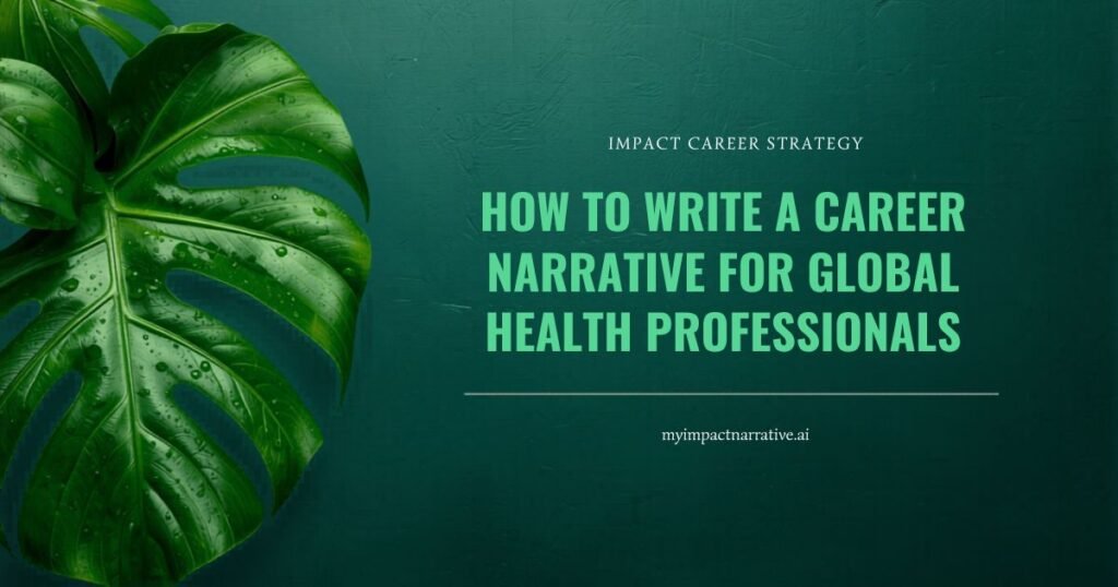 Graphic with a bright green monstera leaf on a dark teal textured background. Text reads: Impact Career Strategy. How to Write a Career Narrative for Global Health Professionals. myimpactnarrative.ai