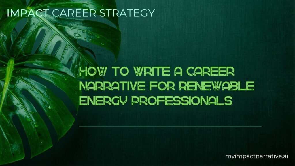 Graphic with green monstera leaves on a dark teal textured background. Text reads: Impact Career Strategy. How to Write a Career Narrative for Renewable Energy Professionals. myimpactnarrative.ai