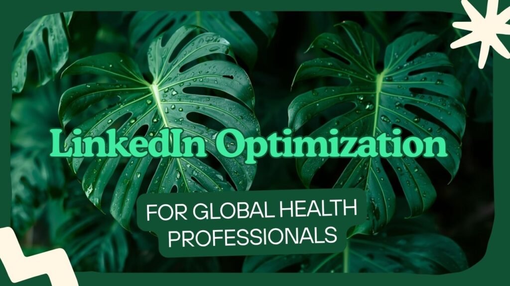 Graphic with green monstera leaves on a dark teal textured background with a torn white paper accent. Text reads: Career Pivot. From Global Health to Health Technology. myimpactnarrative.ai