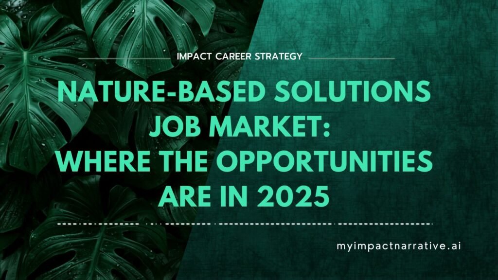 Graphic with green monstera leaves on a dark teal background with a diagonal split layout. Text reads: Impact Career Strategy. Nature-Based Solutions Job Market: Where the Opportunities Are in 2025. myimpactnarrative.ai