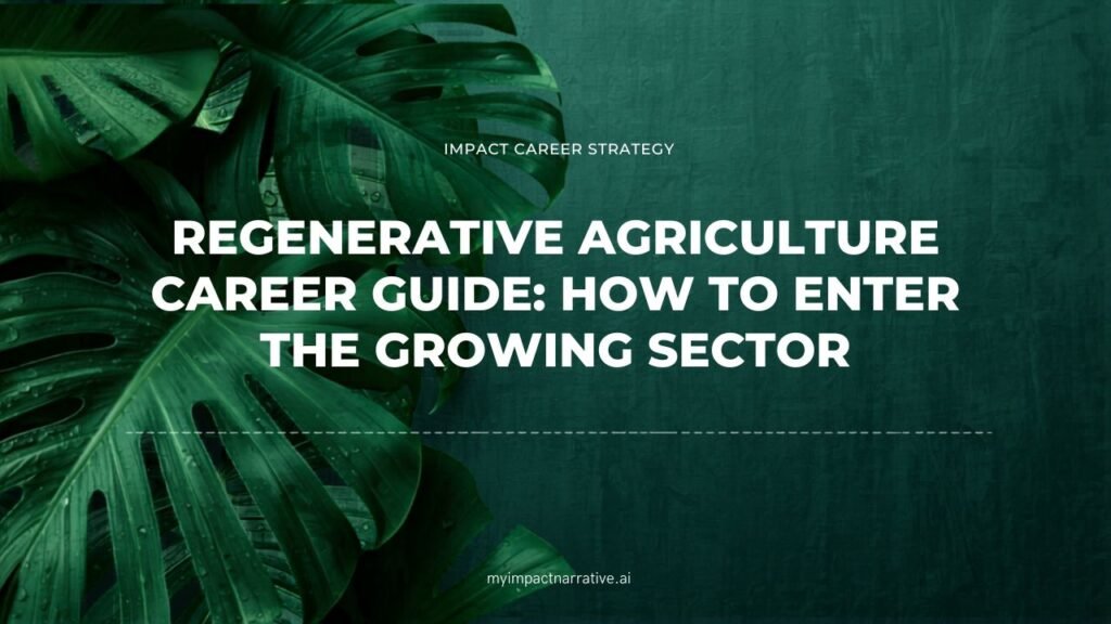 Graphic with green monstera leaves on a dark teal textured background. Text reads: Impact Career Strategy. Regenerative Agriculture Career Guide: How to Enter the Growing Sector. myimpactnarrative.ai