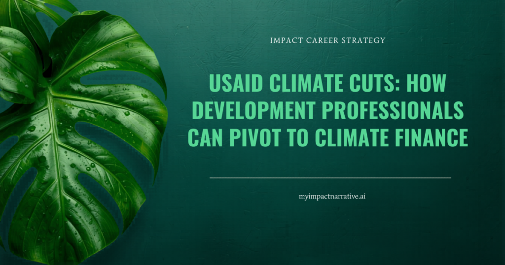 Graphic with a bright green monstera leaf on a dark teal background. Text reads: Impact Career Strategy. USAID Climate Cuts: How Development Professionals Can Pivot to Climate Finance. myimpactnarrative.ai