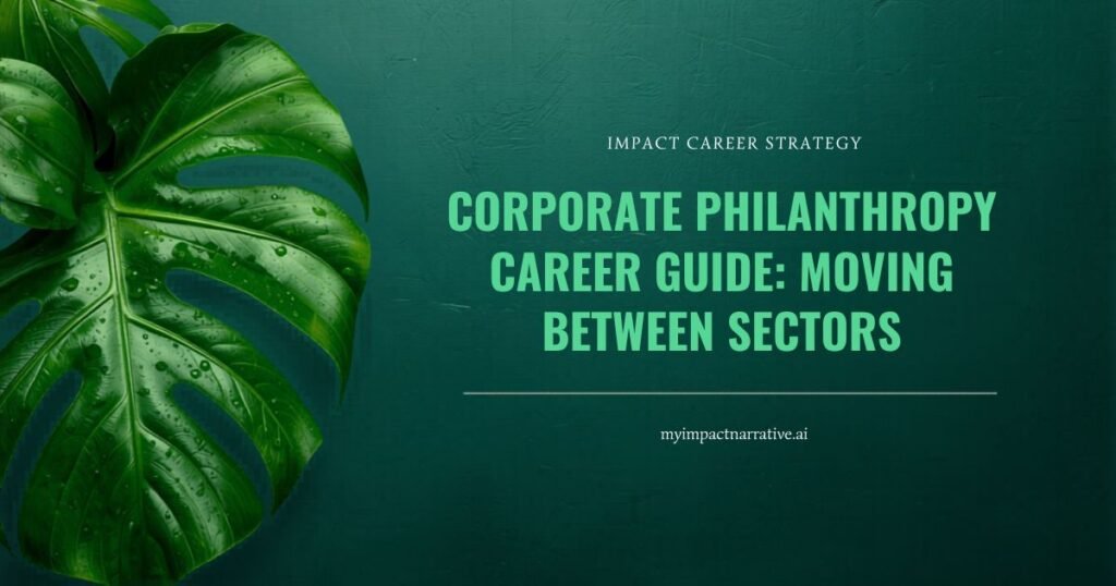 Graphic with a bright green monstera leaf on a dark teal textured background. Text reads: Impact Career Strategy. Corporate Philanthropy Career Guide: Moving Between Sectors. myimpactnarrative.ai